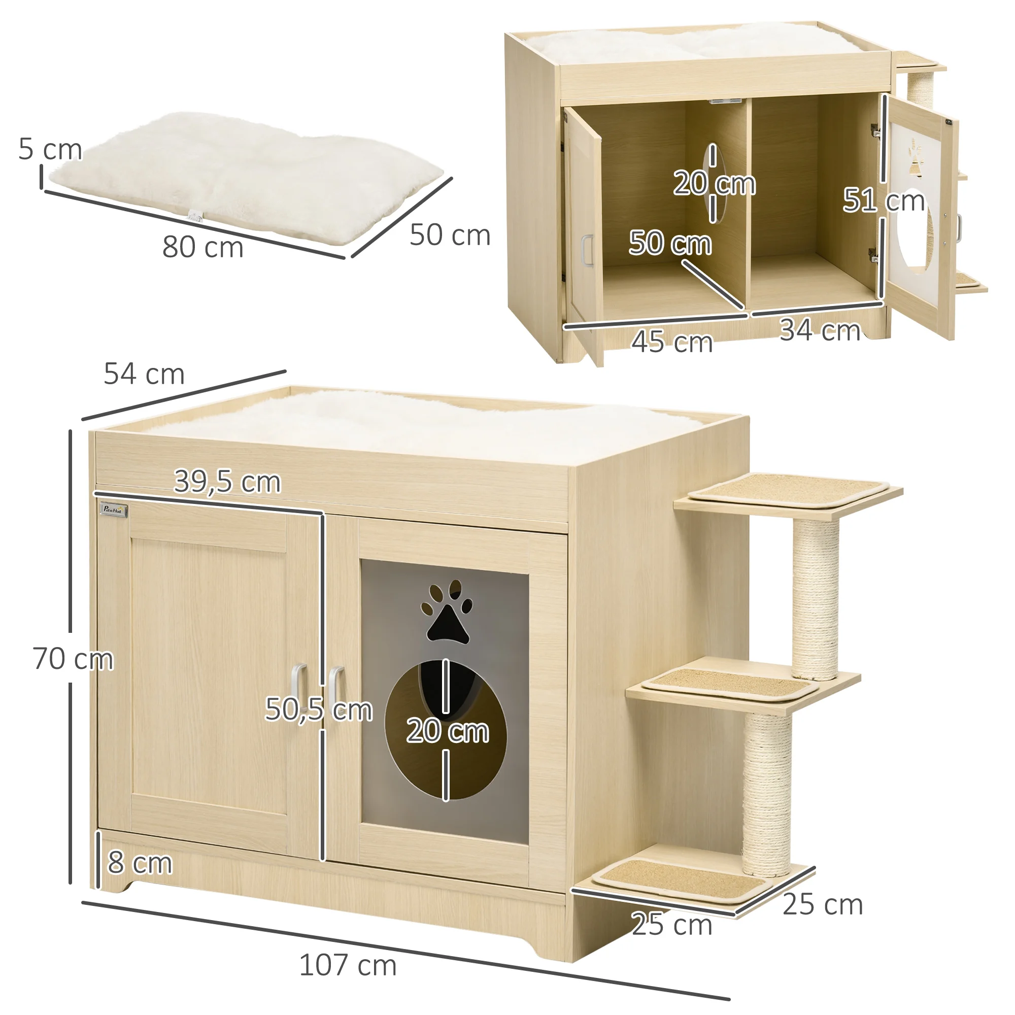 PawHut Arenero para Gatos de Madera con 2 Puertas Mueble Arenero para Gatos con Cama Cojín Suave 3 Plataformas y Postes de Sisal 107x54x70 cm Roble - imagen 3