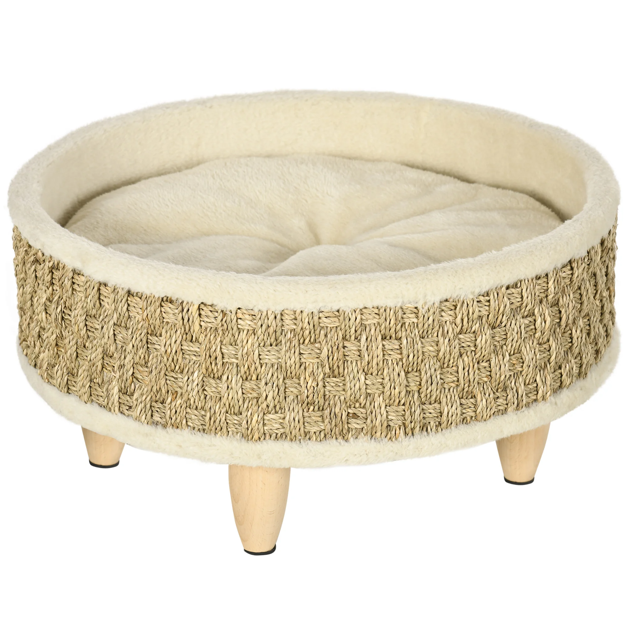 PawHut Cama Elevada para Perros Cama para Perros Miniaturas con Cojín Lavable Cuerda de Seagrass Marco de Madera y Alfombrillas Antideslizantes Sofá para Mascotas para Interior Ø48x24,5 cm Beige - imagen 2