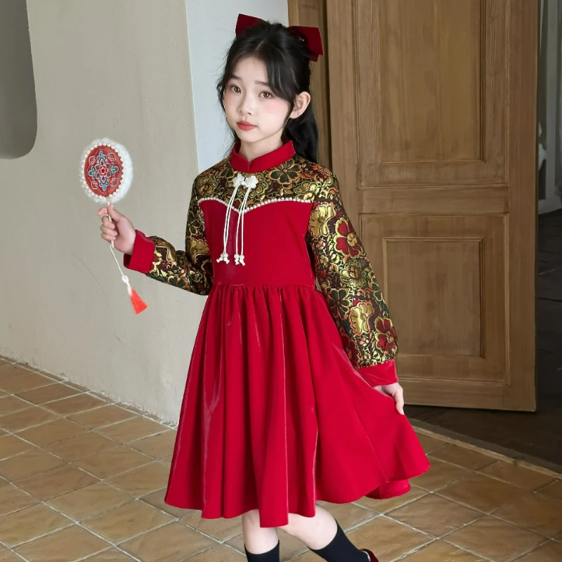 Vestido de Año Nuevo Qipao para niña, vestido con forro polar de otoño e invierno, nuevo vestido rojo de estilo chino para niños, lindo vestido de princesa