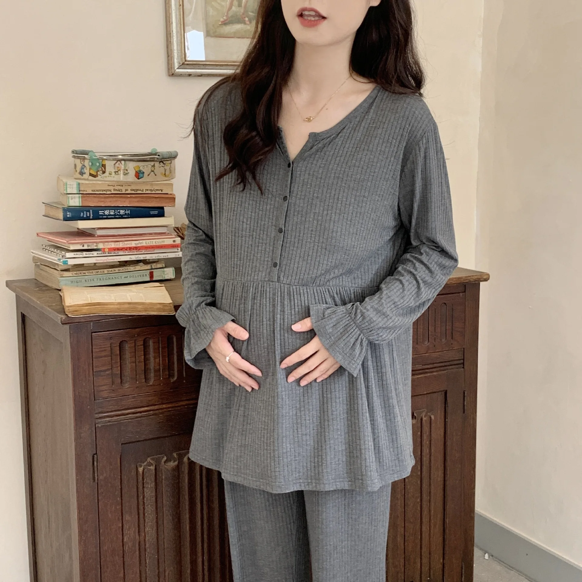 Otoño Modal manga larga maternidad enfermería conjuntos de ropa de dormir pijamas de lactancia trajes ropa para mujeres embarazadas embarazo hogar