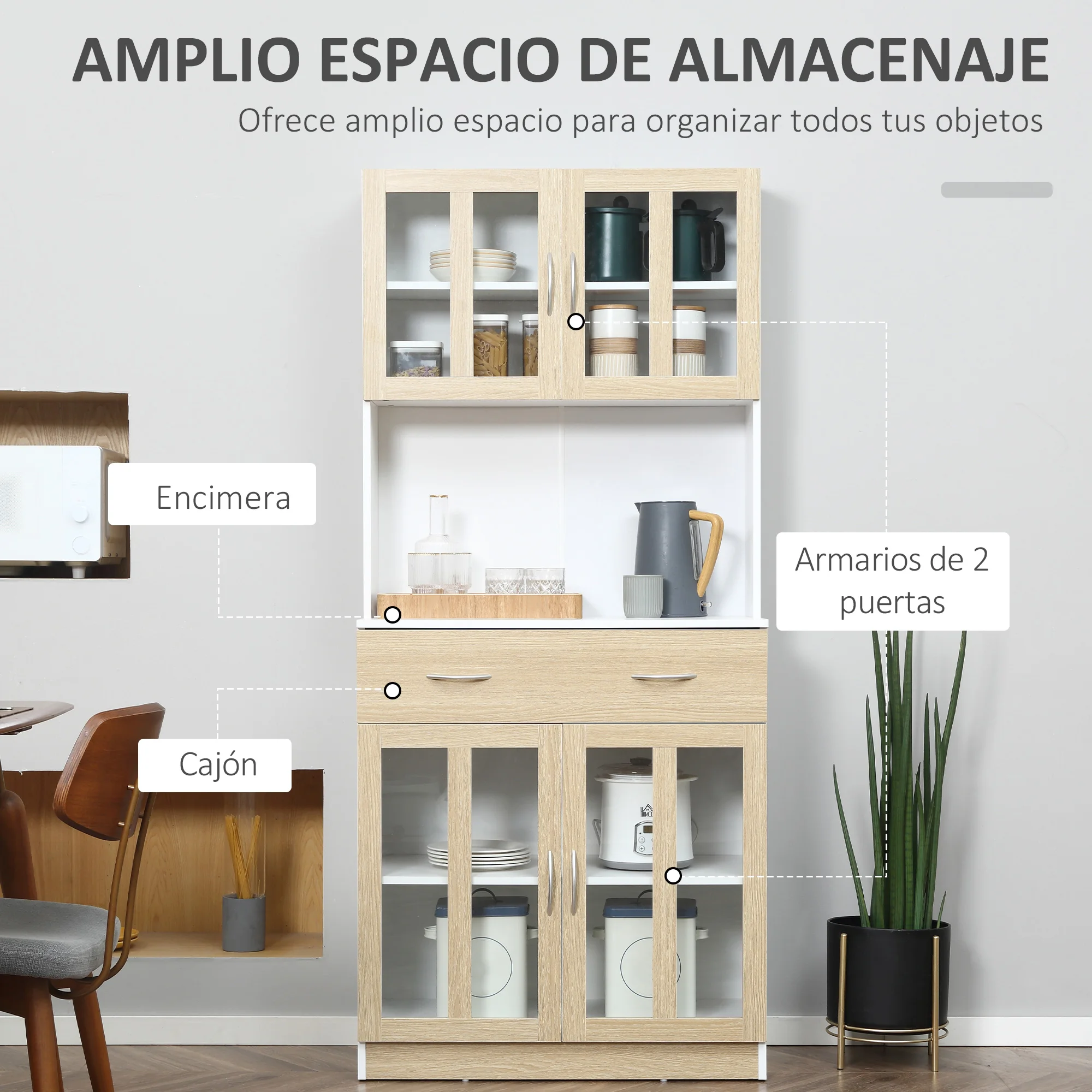 Aparador de cocina alto HOMCOM con múltiples compartimentos, 4 puertas de cristal y cajón deslizante, gran superficie de madera blanca, aspecto roble claro. - imagen 4