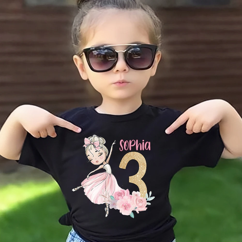 Camiseta personalizada con estampado de bailarina para niña, camisa de cumpleaños con nombre personalizado, regalo de bailarina, camiseta de manga corta de Ballet, Tops de verano