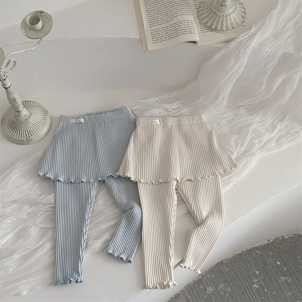 Traje informal de 2 uds para niñas, Top de manga larga con cuello de hoja de loto a rayas y falda, pantalones, ropa para niños de primavera y otoño - imagen 4