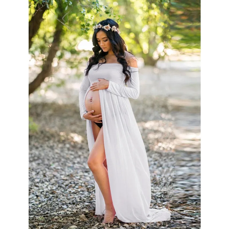 Vestido premamá de un hombro con manga larga y abertura frontal - imagen 5