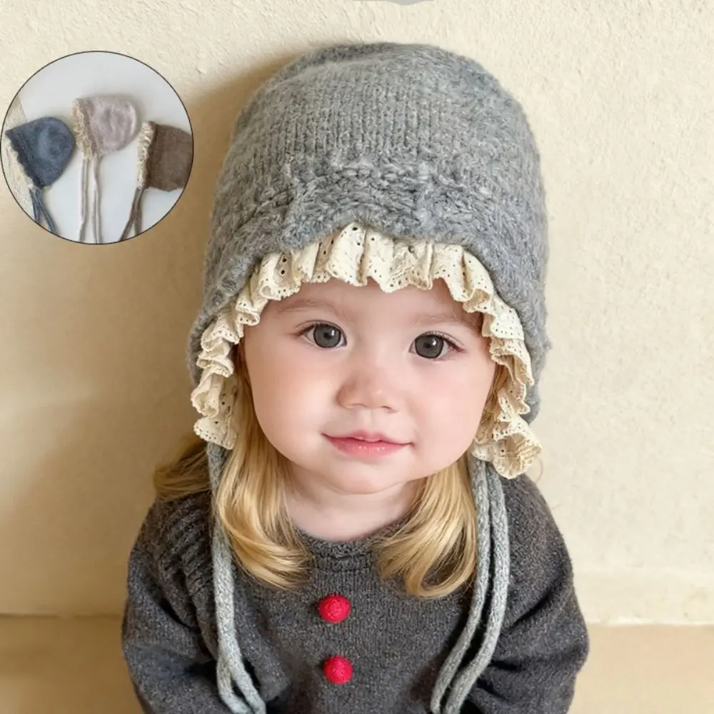 Gorro suave y cálido a prueba de viento para bebé, gorro más cálido con bordes de encaje, protección para los oídos, gorro grueso con protección para los oídos para exteriores