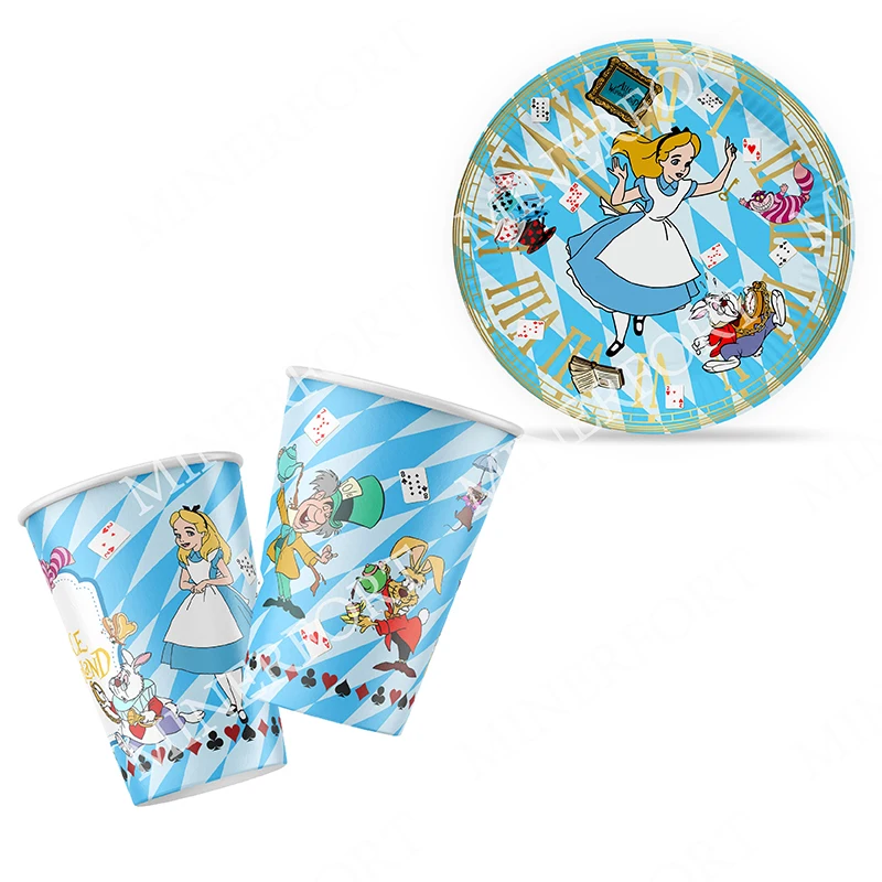 Vajilla desechable de dibujos animados de princesa con tema de Alicia en el país de las Maravillas, decoraciones, plato de papel, taza, telón de fondo, servilleta para suministro de festivales