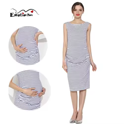 Vestido de maternidad de verano para mujeres embarazadas, vestido sin mangas, vestidos sexis para embarazo, pliegue lateral, informal, de algodón a rayas