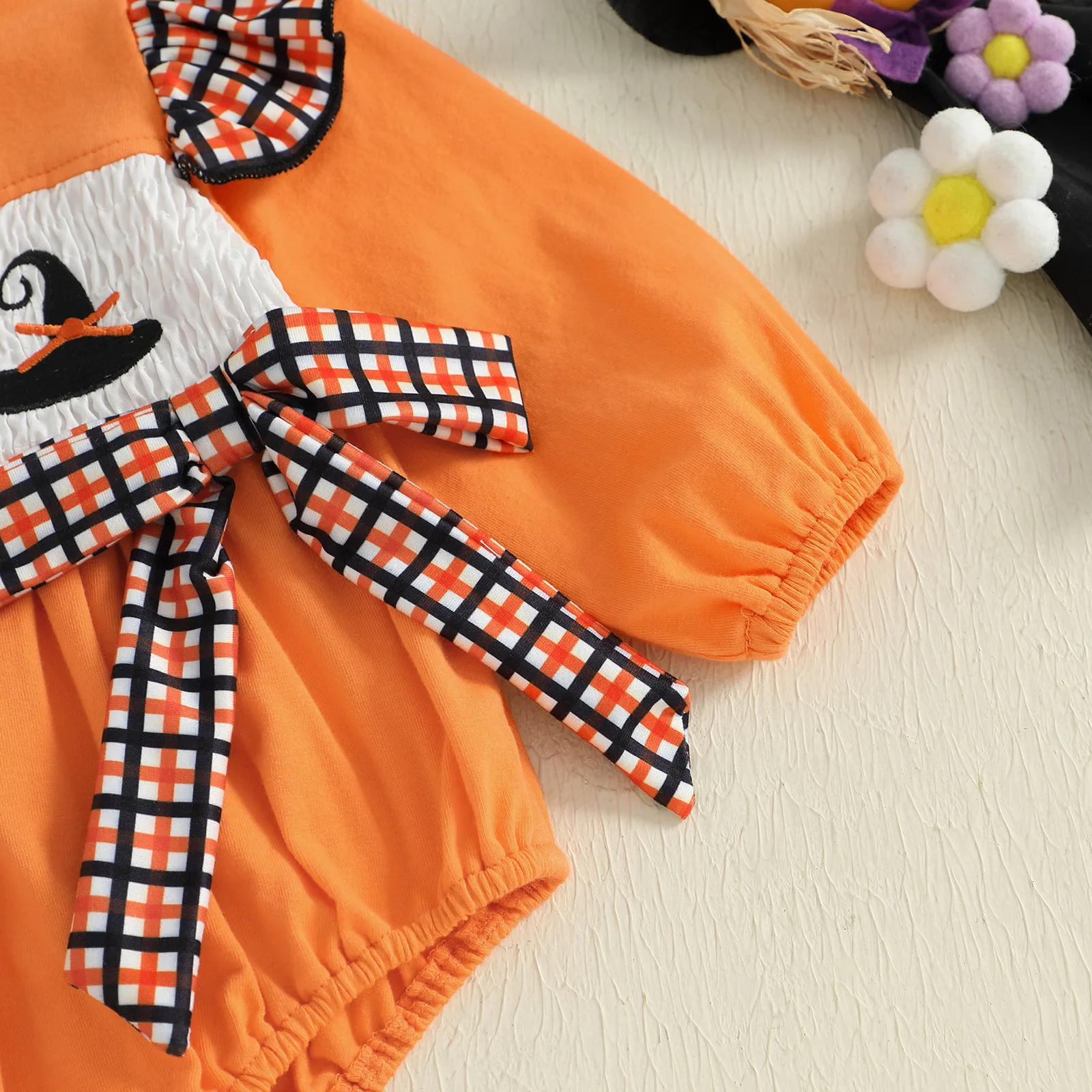 Mameluco con lazo de Halloween para niña, mono de burbuja con cuello redondo y manga larga con bordado de gato negro/fantasma - imagen 5