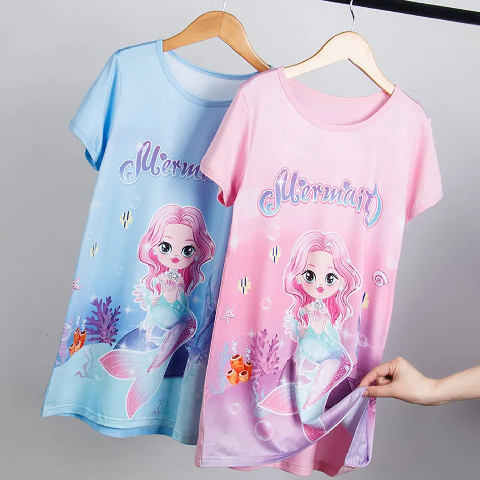 Vestido de sirena de manga corta para niña, camisón de seda suave con estampado de dibujos animados, transpirable, ropa de dormir para verano - imagen 4