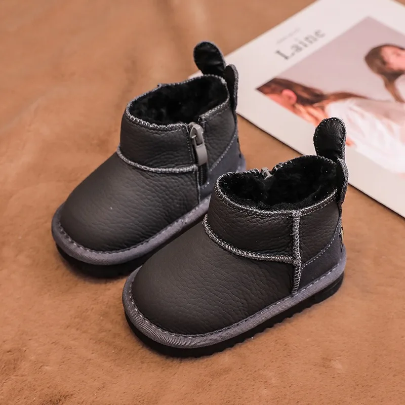 Botas de invierno de cuero genuino para niños, zapatos para bebés y niños, botas de nieve infantiles de felpa, zapatos antideslizantes de suela blanda para niños pequeños - imagen 2