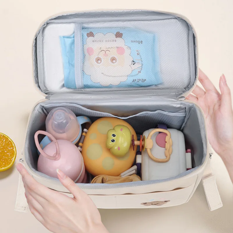 Bolsa de pañales para cochecito de bebé, bolso de mamá con bordado de flores de oso bonito de Corea, bolso de hombro de maternidad suave, organizador de pañales portátil para bebé - imagen 5