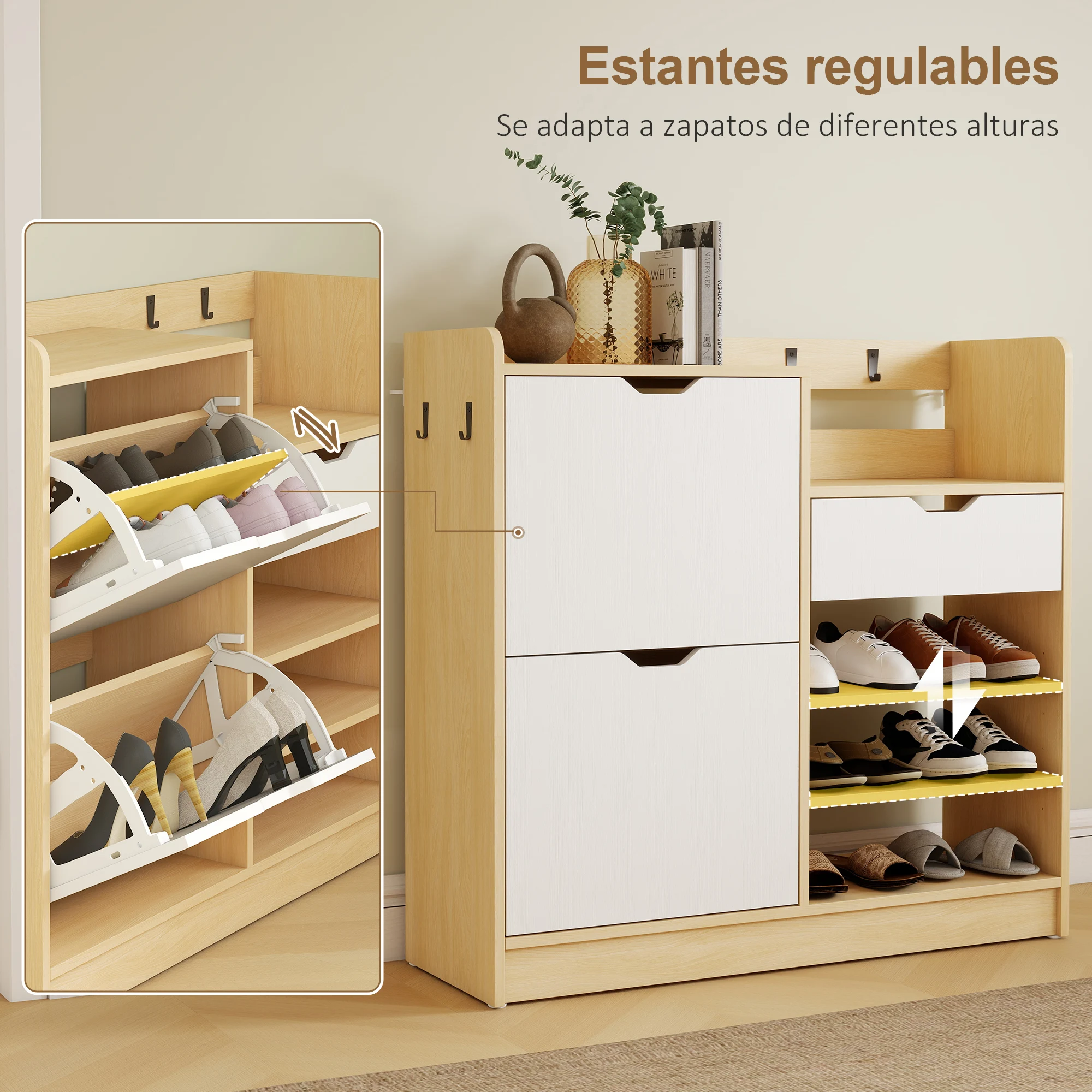 HOMCOM Zapatero Estrecho con 2 Puertas, Zapatero Entrada Recibidor con Estantes Ajustables, Cajón, Estantes Abiertos, 4 Ganchos, para 14 Pares de Zapatos, 93x30x90 cm, Natural y Blanco - imagen 4
