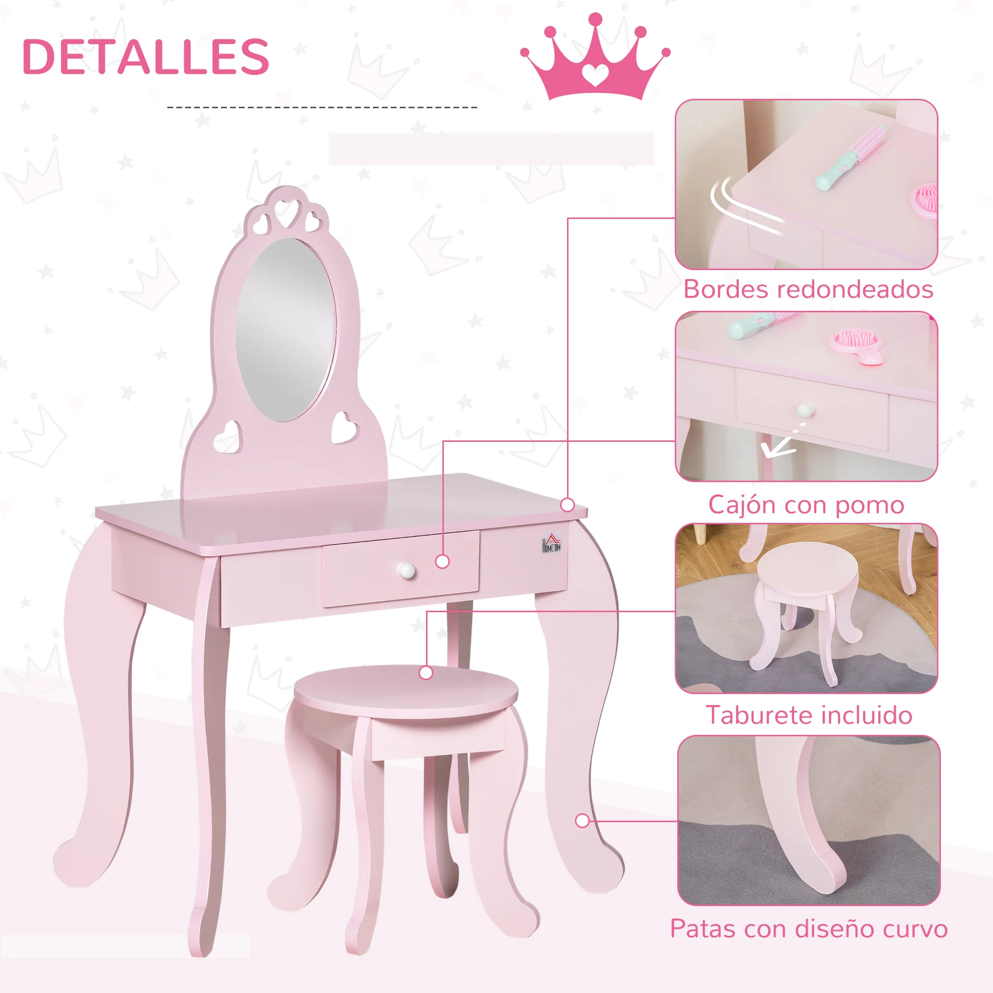HOMCOM Tocador Infantil de Madera para Niñas de 3-6 Años con Taburete y Espejo Tipo Princesa Mesa de Maquillaje para Niñas con Cajón para Dormitorio 60x36x88 cm Rosa - imagen 5