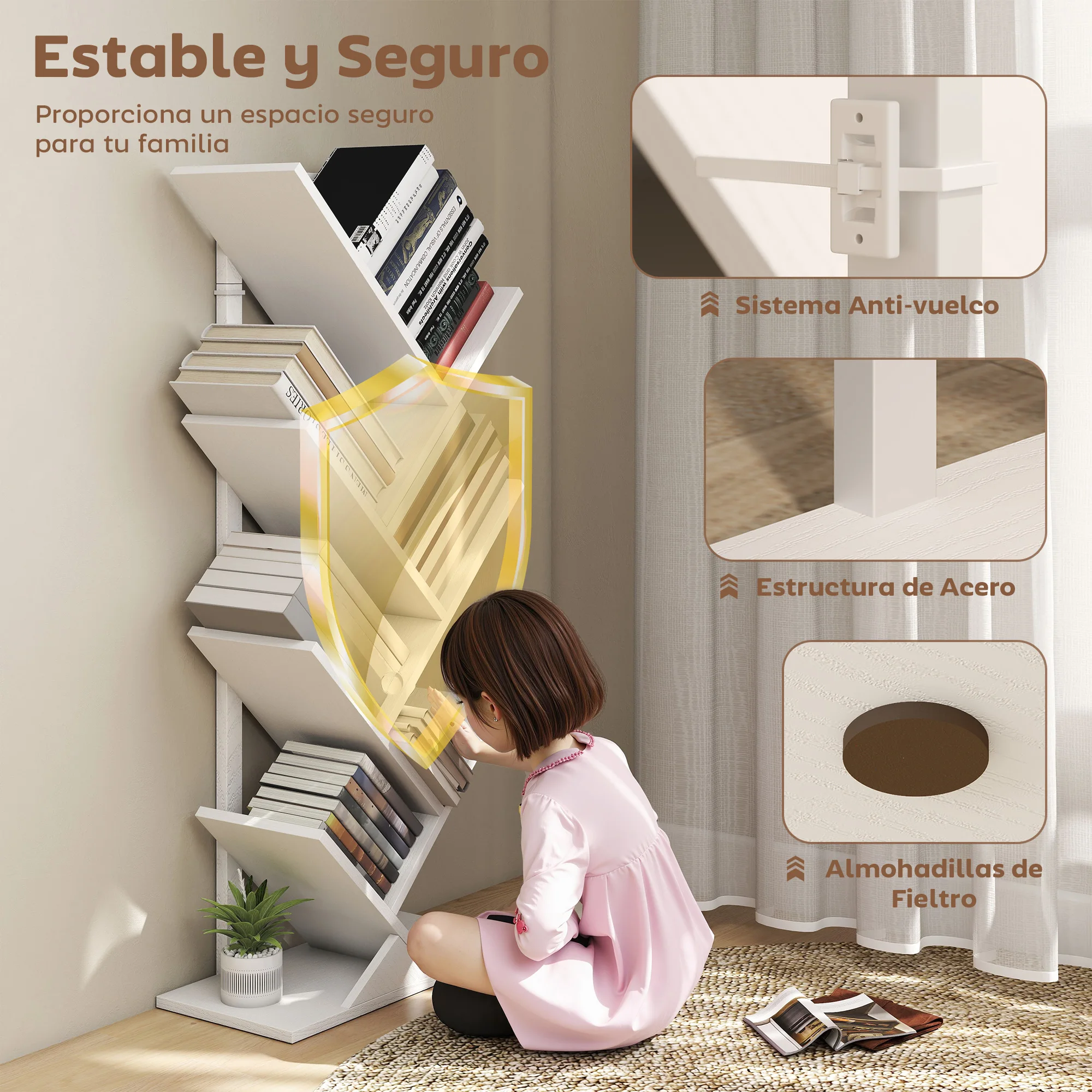 HOMCOM Librería en Forma de Árbol de 7 Niveles Estantería de Libros con 7 Estantes y Estructura de Acero para Sala de Estar Oficina Estudio Dormitorio 50x24x109 cm Blanco - imagen 4