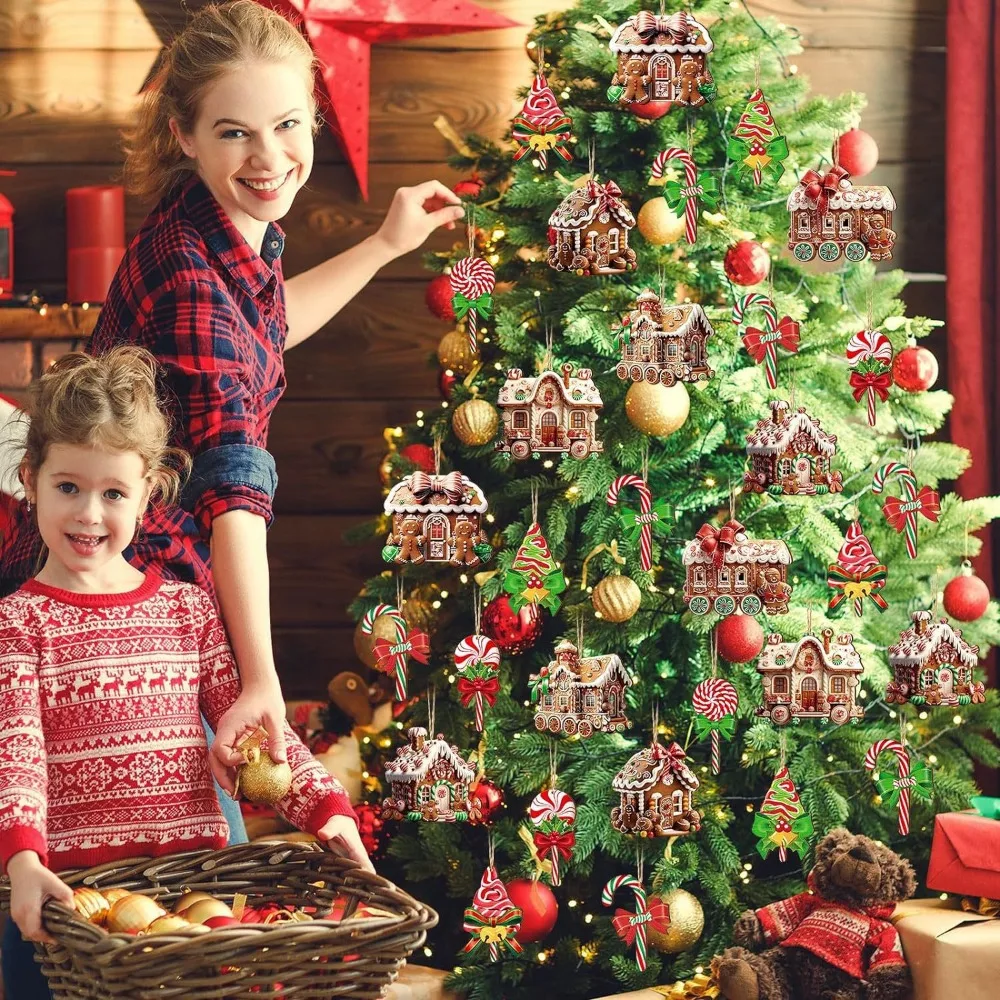 Juego de adornos de madera para árbol de Navidad, dulces de Navidad, redonda piruleta, casa de pan de jengibre, tren plano, Donut, pastel, anchuras, 12/24/36 piezas - imagen 2