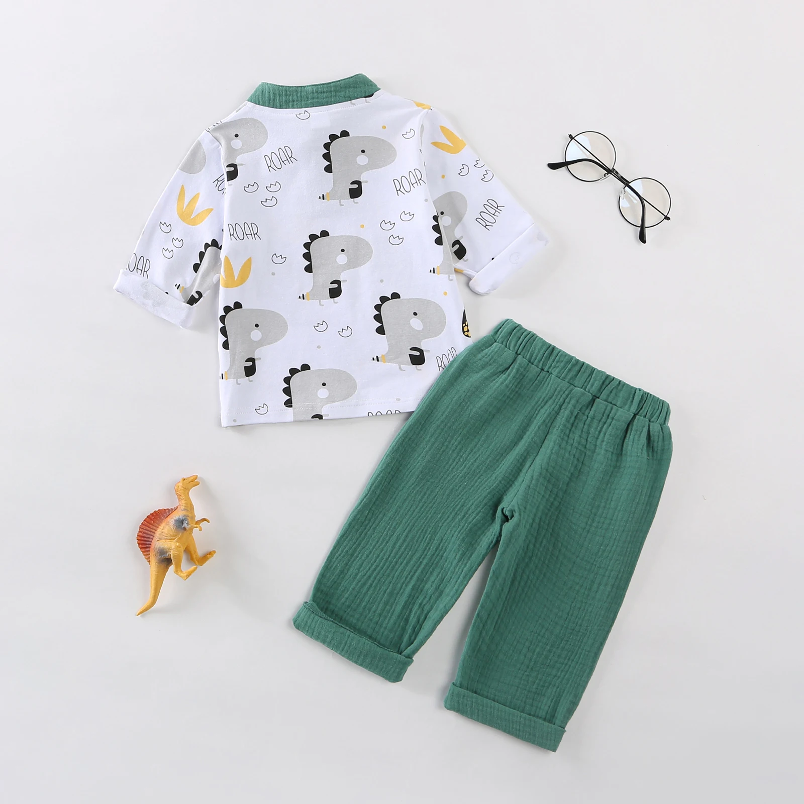 Conjunto de otoño para bebés de 0 a 4 años, Tops con estampado de dinosaurio de manga larga a la moda y pantalones de Color sólido, trajes de 2 uds. - imagen 5
