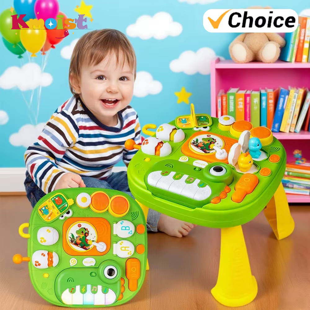 Casa de actividades Montessori con piano dinosaurio y tablero sensorial