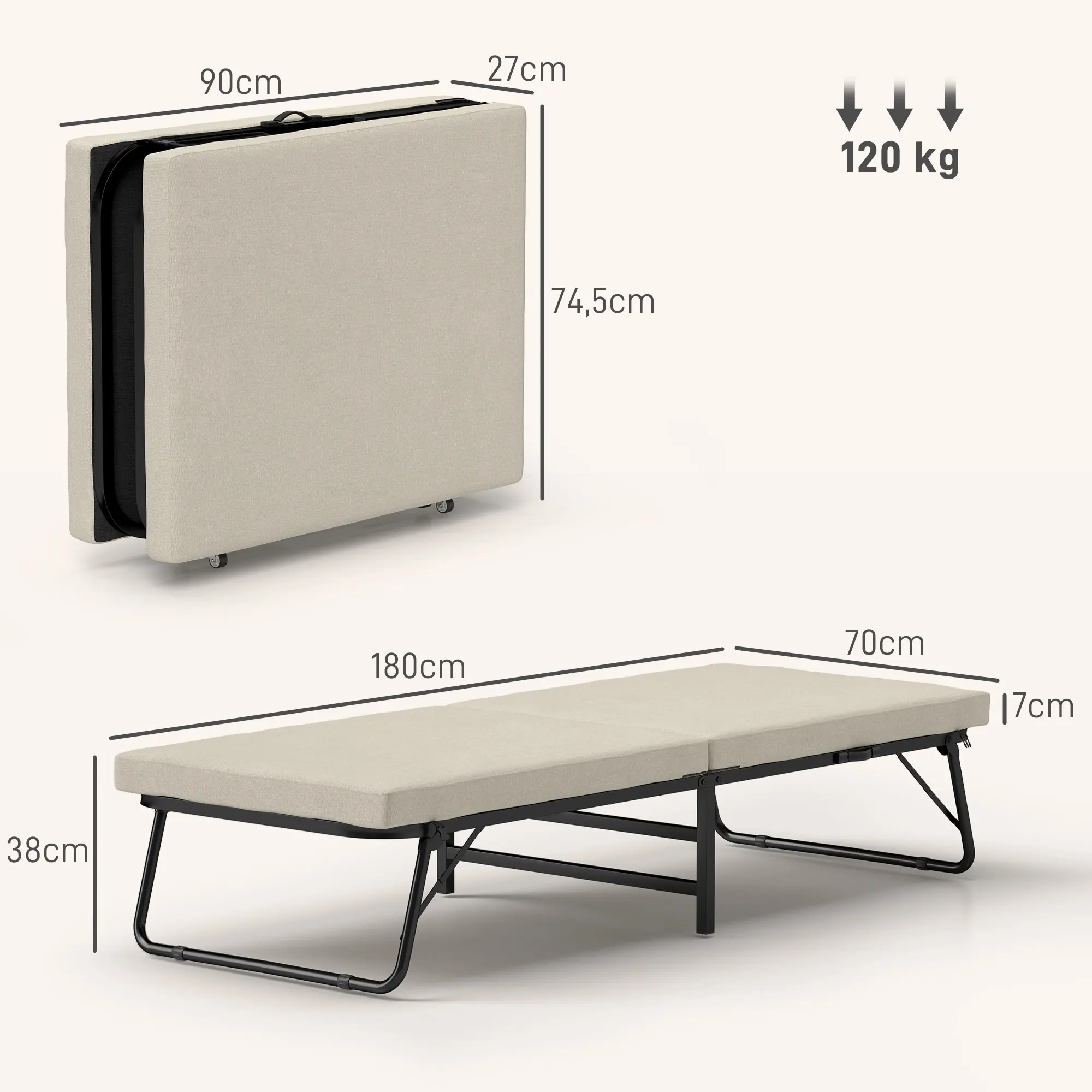 HOMCOM Cama Plegable 70x180 cm con Colchón de Espuma Mueble Cama Plegable con Respaldo Ajustable en 5 Posiciones y Ruedas Cama de Invitados Carga 120 kg - imagen 3