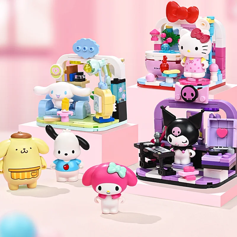 Sanrio serie bloques de construcción Hello Kitty Pochacco Kuromi Pom Purin escena modelo ladrillos decoración de escritorio juguetes para niños regalos