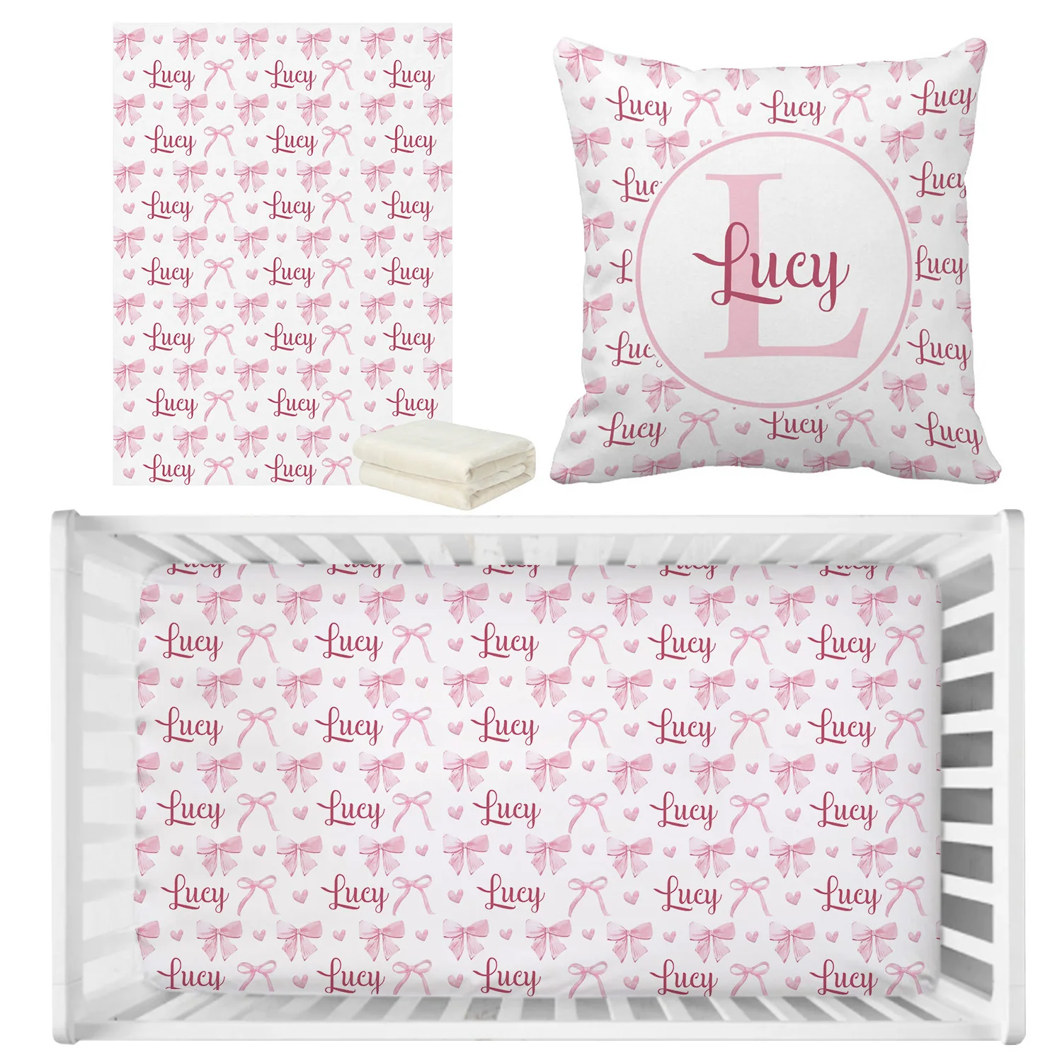 Juego de cama cuna personalizado con lazo rosa para bebé niña - imagen 5