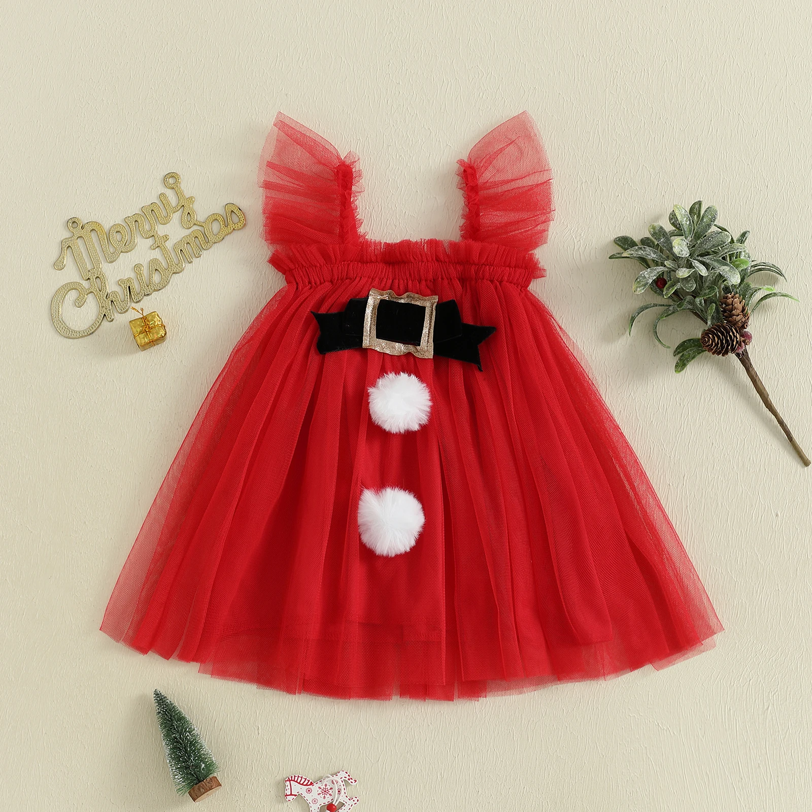 Suefunskry Vestidos de tul para niñas pequeñas Vestido de princesa sin mangas con bolas de piel navideña a la moda para la vida diaria y la fiesta - imagen 4