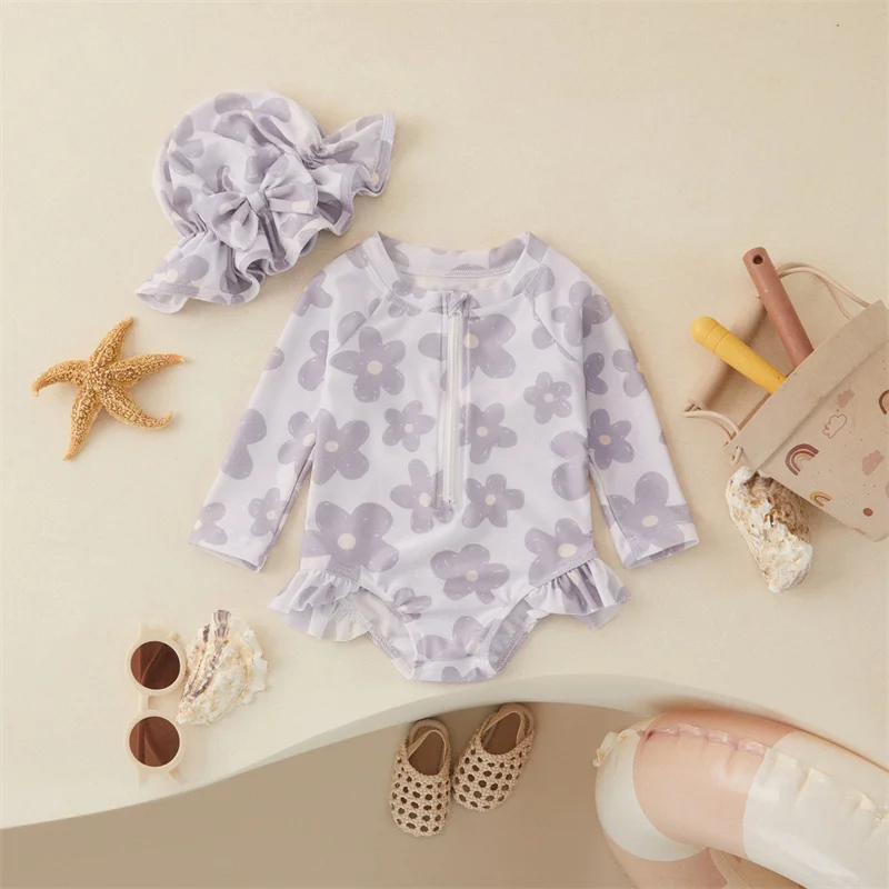 Bañador Tregren manga larga con estampado floral y gorrito para niña - imagen 2