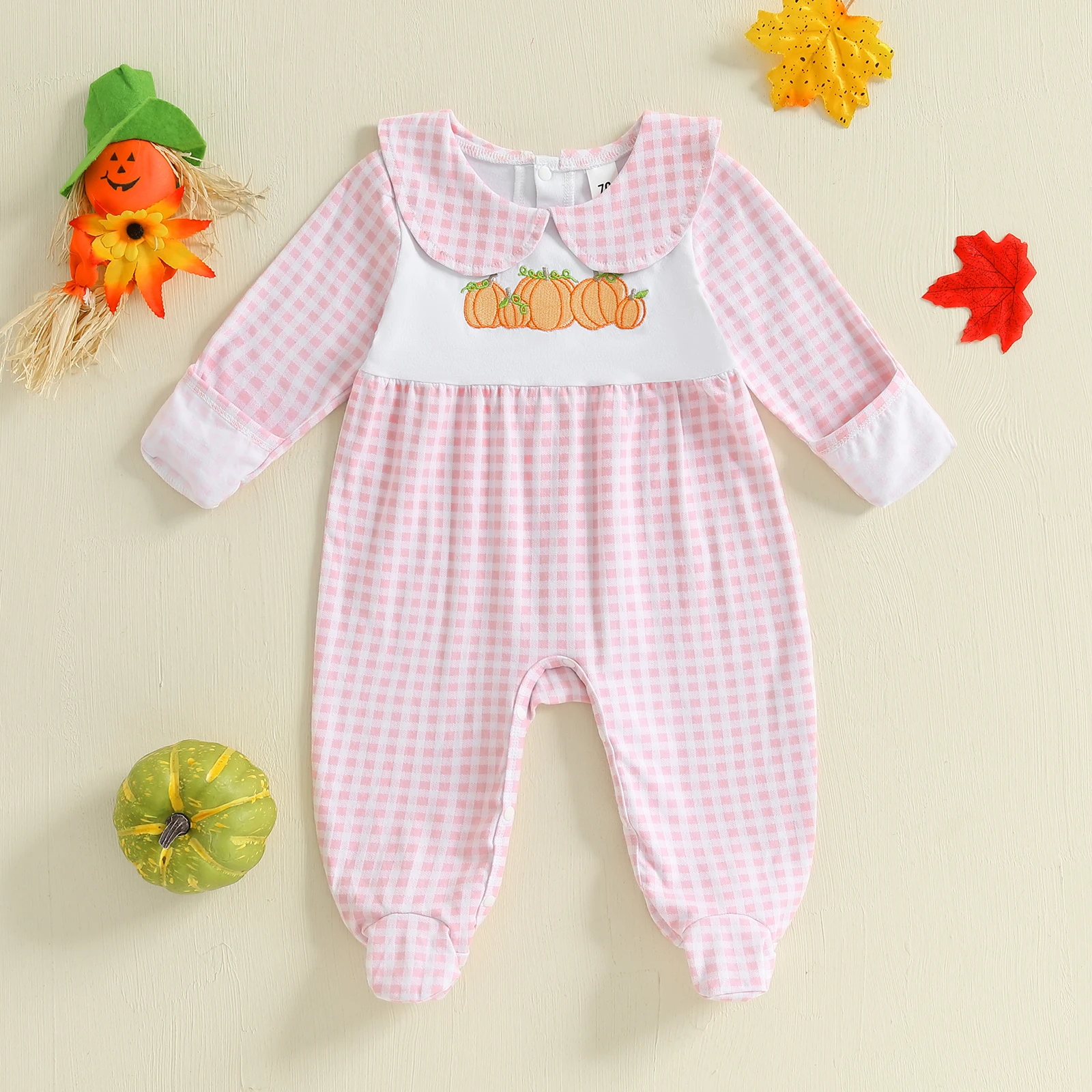 SUNSIOM-Pelele de Halloween para bebé de 0 a 18 meses, mono de manga larga con cuello de muñeca a cuadros y bordado de calabaza para otoño