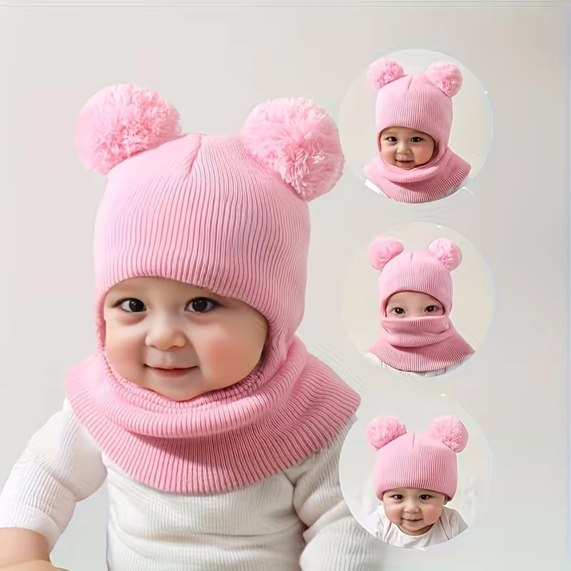Gorro de punto para niño con protección de orejas y cuello – Doble pompón - imagen 3