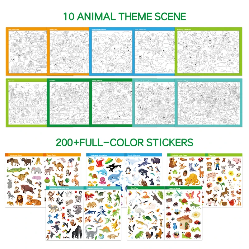 Libro para colorear con pegatinas para niños, 10 páginas, escenas, 5 hojas, tema de animales, vida silvestre, océano, dinosaurio, juego a juego, juguete educativo, regalo divertido - imagen 5