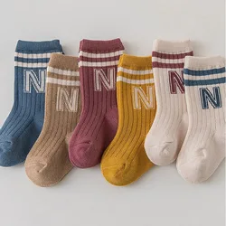 3 par/lote otoño bebé en calcetines de tubo 0-5T lindo "N" doble raya niños niñas hasta la rodilla calcetines niños calcetines de ocio