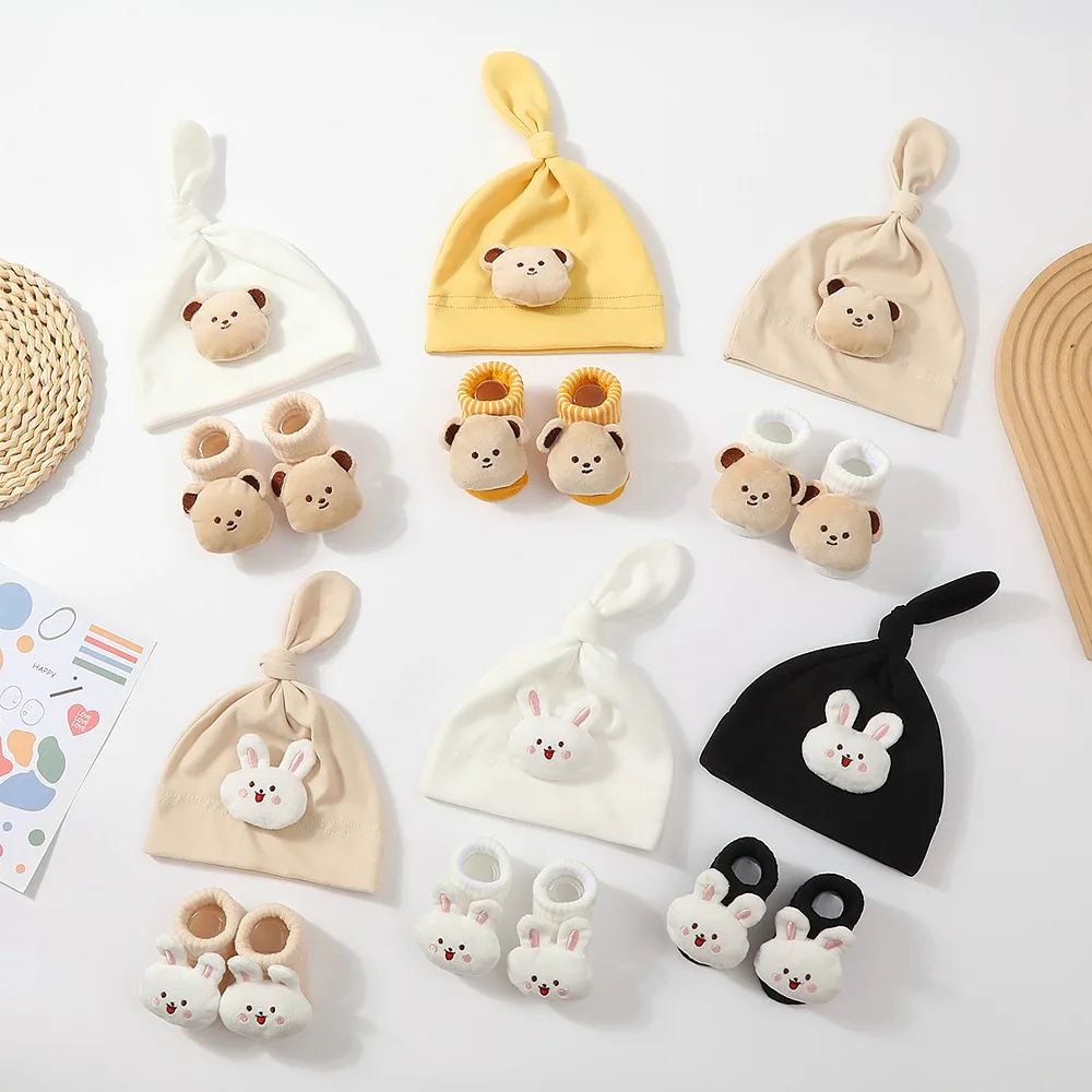 1 Juego de gorros de muñeca de oso bonito para bebé, calcetines suaves y sólidos para recién nacido, calcetín de dibujos animados, gorro para niña, gorros, calcetines de turbante, nuevo