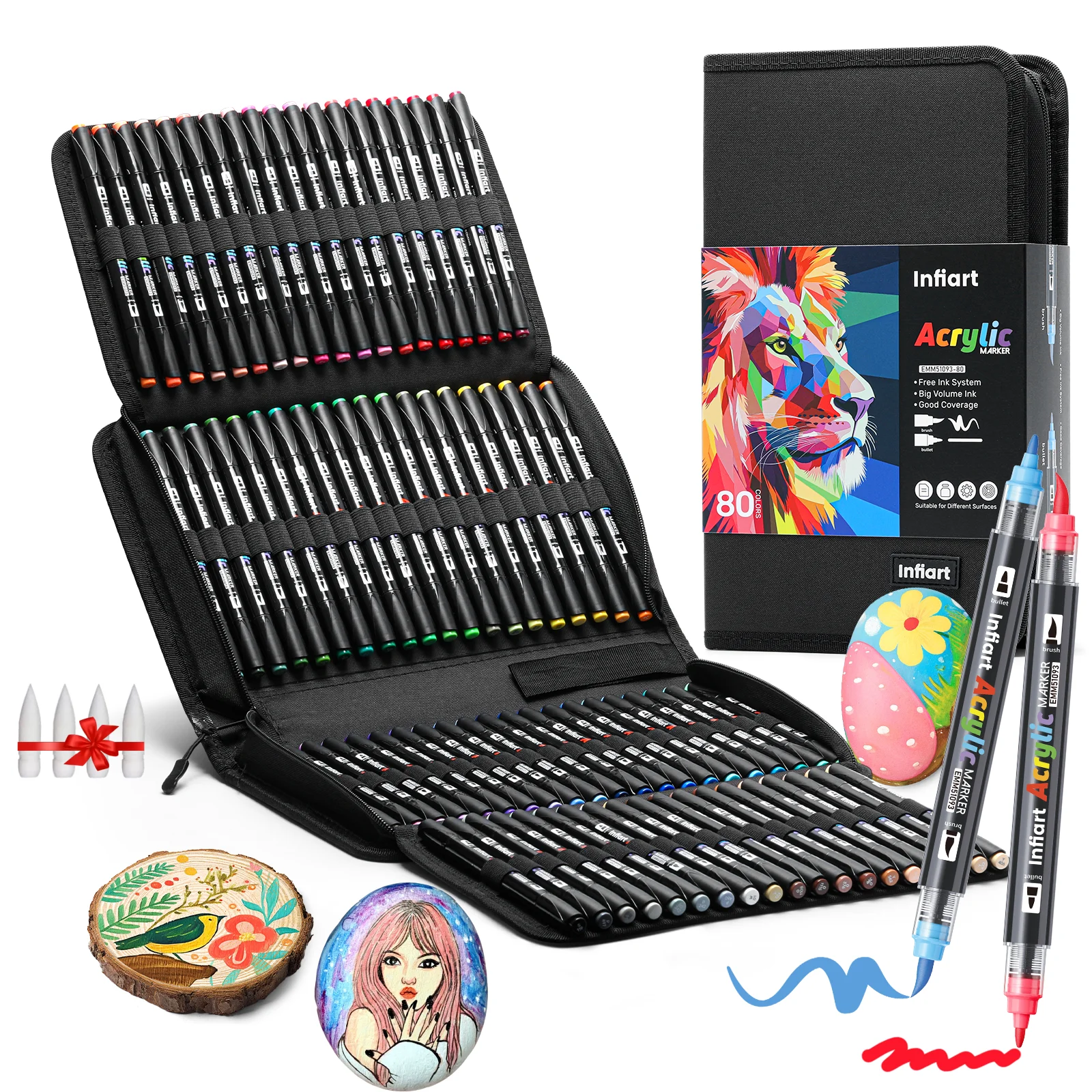 Bolígrafos de pintura acrílica, marcadores de pintura de doble punta, bolígrafos de punta fina y pincel para piedra, madera, lienzo, suministros de arte, con estuche portátil