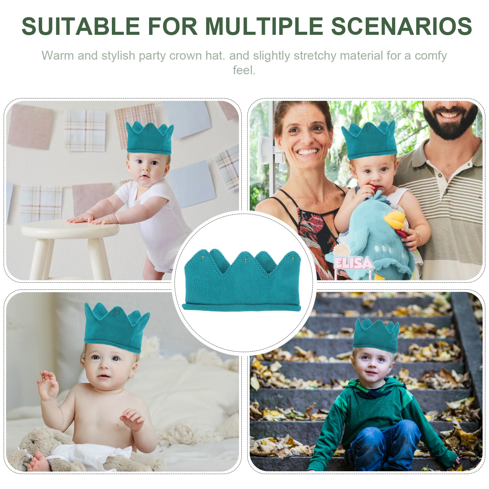 Gorro de corona de punto cálido para bebés y niñas, gorro azul elástico grueso y cálido para fiestas fotográficas, ocasiones especiales, tejido para bebés - imagen 2