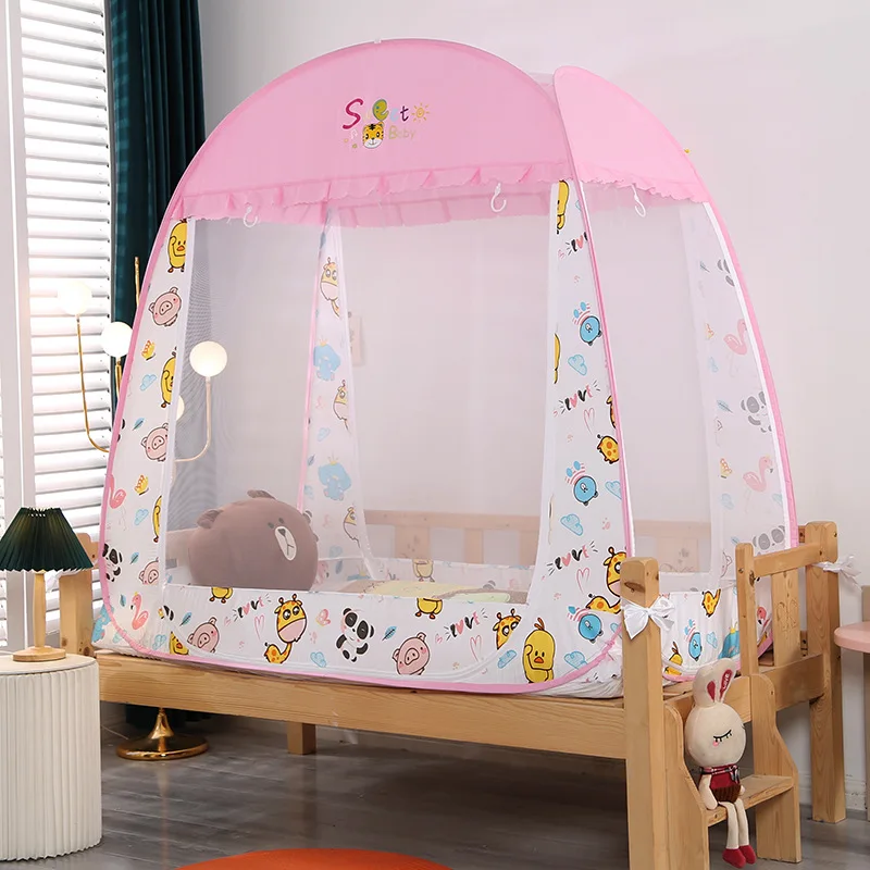 Mosquitera anticaída de fondo completo para cuna de bebé, instalación gratuita de alta calidad, gran espacio para el hogar, estilo de dibujos animados, mosquitera para niños de 3 puertas