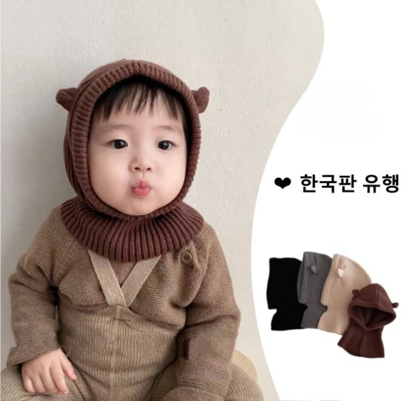 Gorro de pasamontañas coreano para niños, gorro con solapa para las orejas de invierno con bufanda, capucha, bonito diseño de orejas de Animal, gorro tejido para bebés, conjunto calentador de cuello cálido