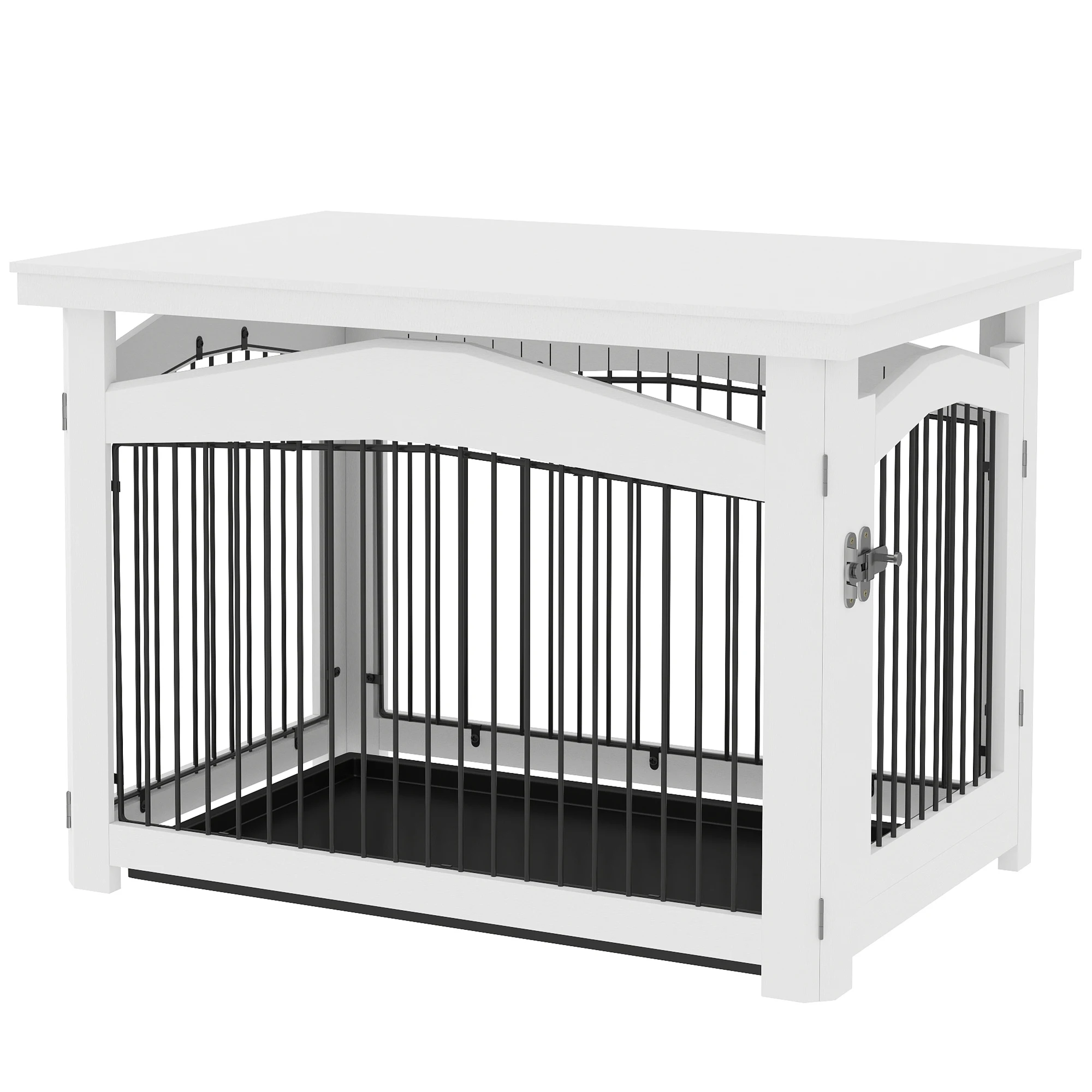 PawHut Jaula para Perros Medianos 3 en 1 Mesa Auxiliar Barrera para Perros con Puerta con Pestillo Tapa Superior Desmontable y Bandeja Extraíble 82,5x57,5x59,5 cm Blanco