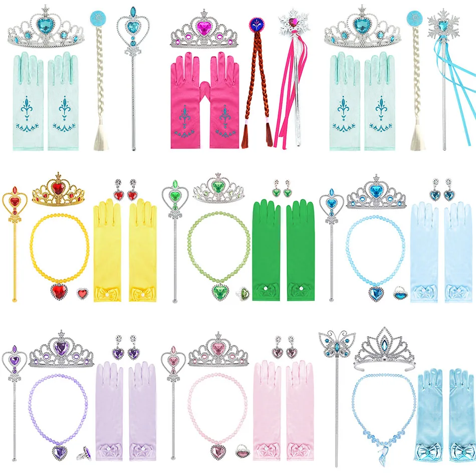 Accesorios de fiesta de princesa para niños, Kit de disfraz de Cosplay para niñas, corona, varita, guantes, pendientes, anillo, collar, suministro multicolor