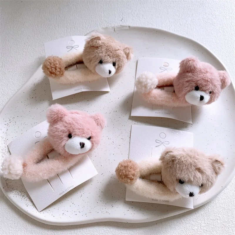 Nuevos pinzas para el cabello de oso de dibujos animados de felpa para niños de otoño/invierno, pinzas BB dulces para niñas, para flequillo/pelo de bandeja, tocados suaves y versátiles