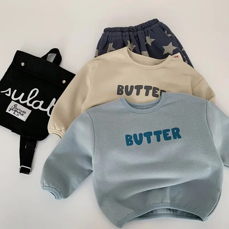 Ropa para niños de 1 a 6 años, sudaderas con estampado de letras y un cuello, sudadera con capucha breve para niños, Tops básicos para niños