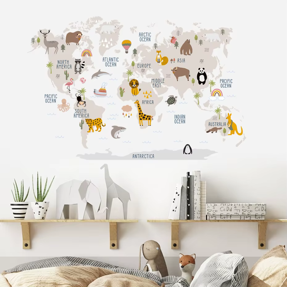 Pegatinas de pared vinilo mapa mundo infantil – Acuarela con animales - imagen 4
