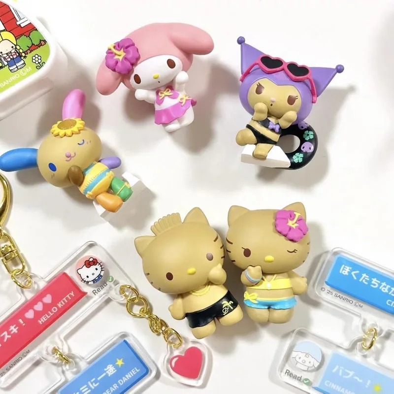 Sanrio personaje caja ciega juguetes verano vacaciones en la playa serie figura de Anime piel negra Hello Kitty Kuromi Melody Kdis regalos - imagen 3