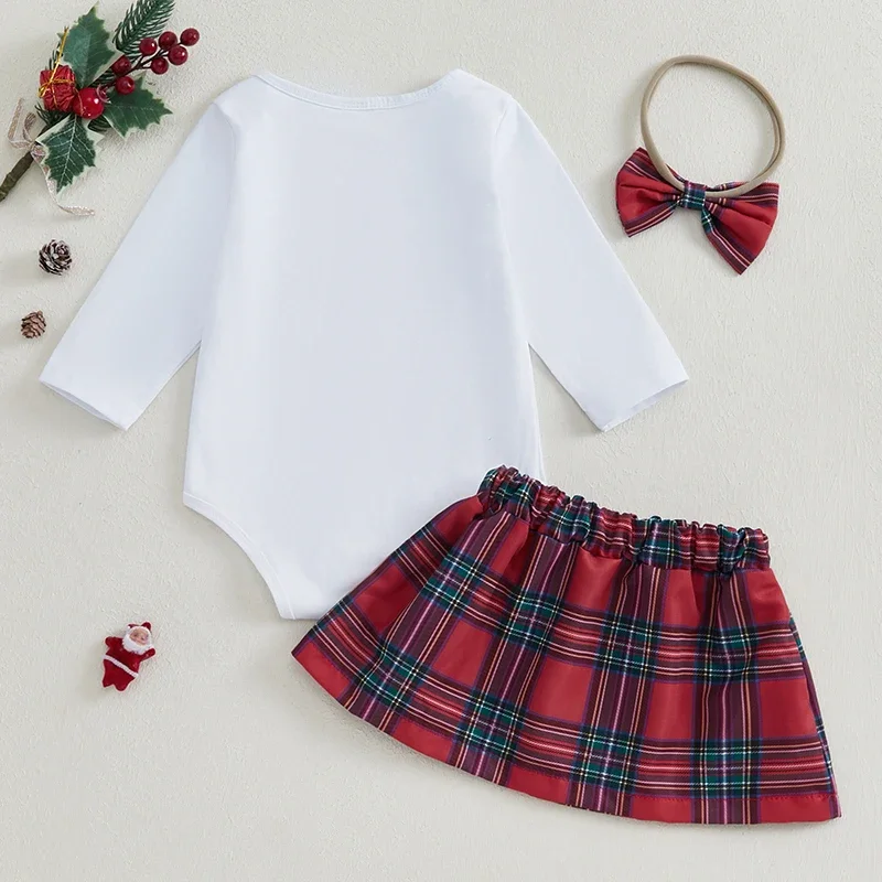 SUNSIOM-Conjunto de falda navideña para niñas, pelele bordado con letras de alce y Papá Noel, diadema de falda a cuadros, 3 piezas, 0-18 meses - imagen 3