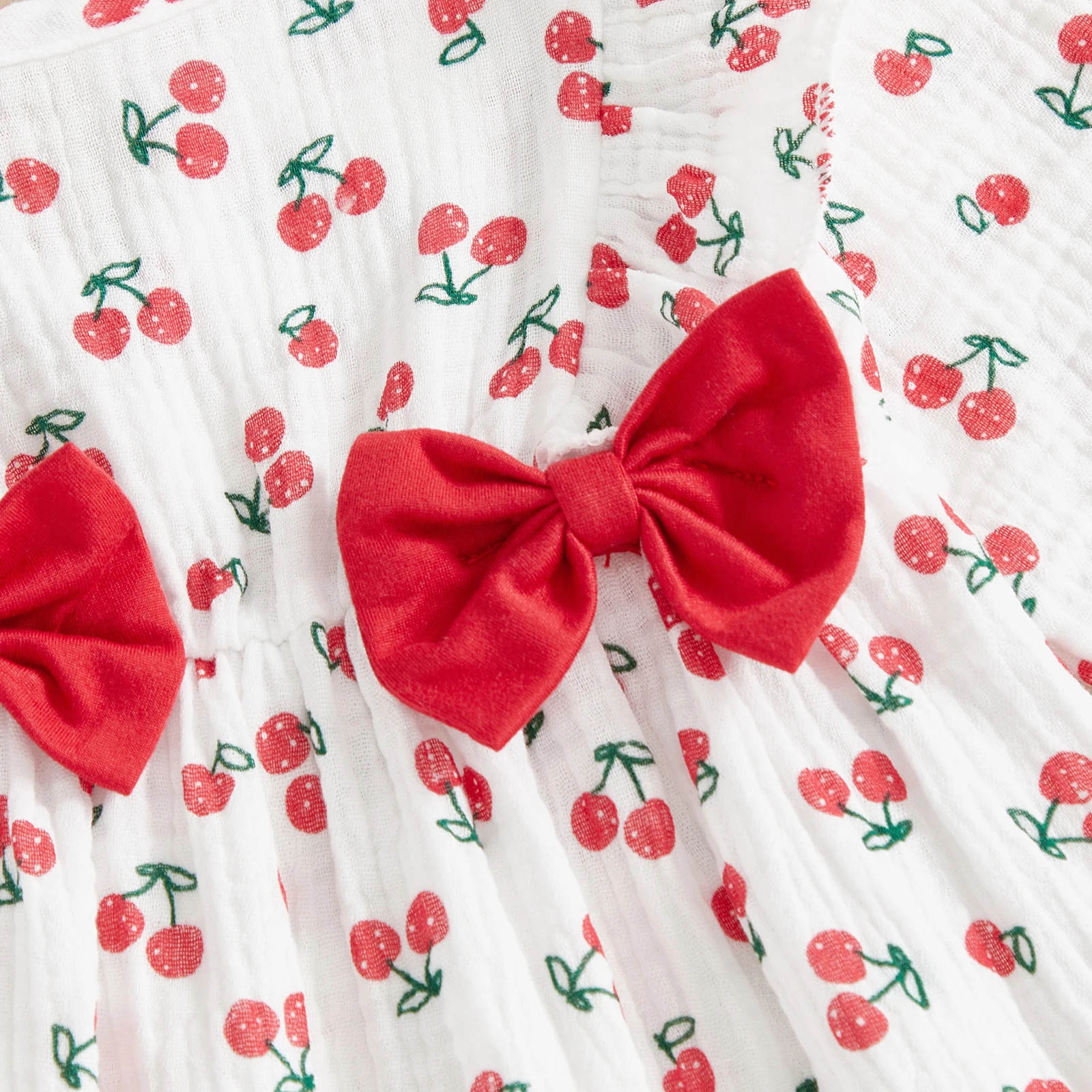 VISgogo Mameluco de otoño para niñas recién nacidas con estampado de cereza, manga larga, cuello redondo, mono con decoración de lazo con volantes - imagen 5