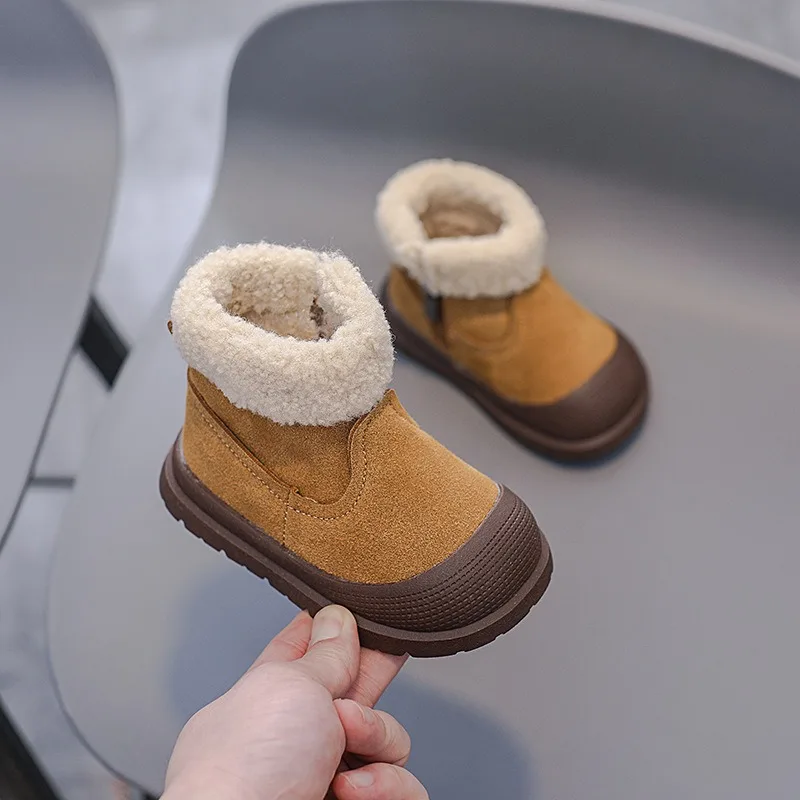Botas de cuero genuino para bebés, niños y niñas, botas de nieve para exteriores para otoño e invierno, suela suave antideslizante, zapatos de felpa para niños pequeños - imagen 3