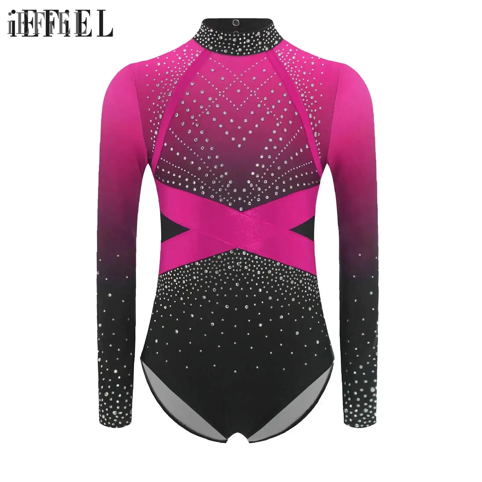 Leotardo de gimnasia de Ballet para niñas, bloque de Color, diamantes de imitación brillantes, mono de manga larga con diamantes de imitación, disfraz de bailarina de salón