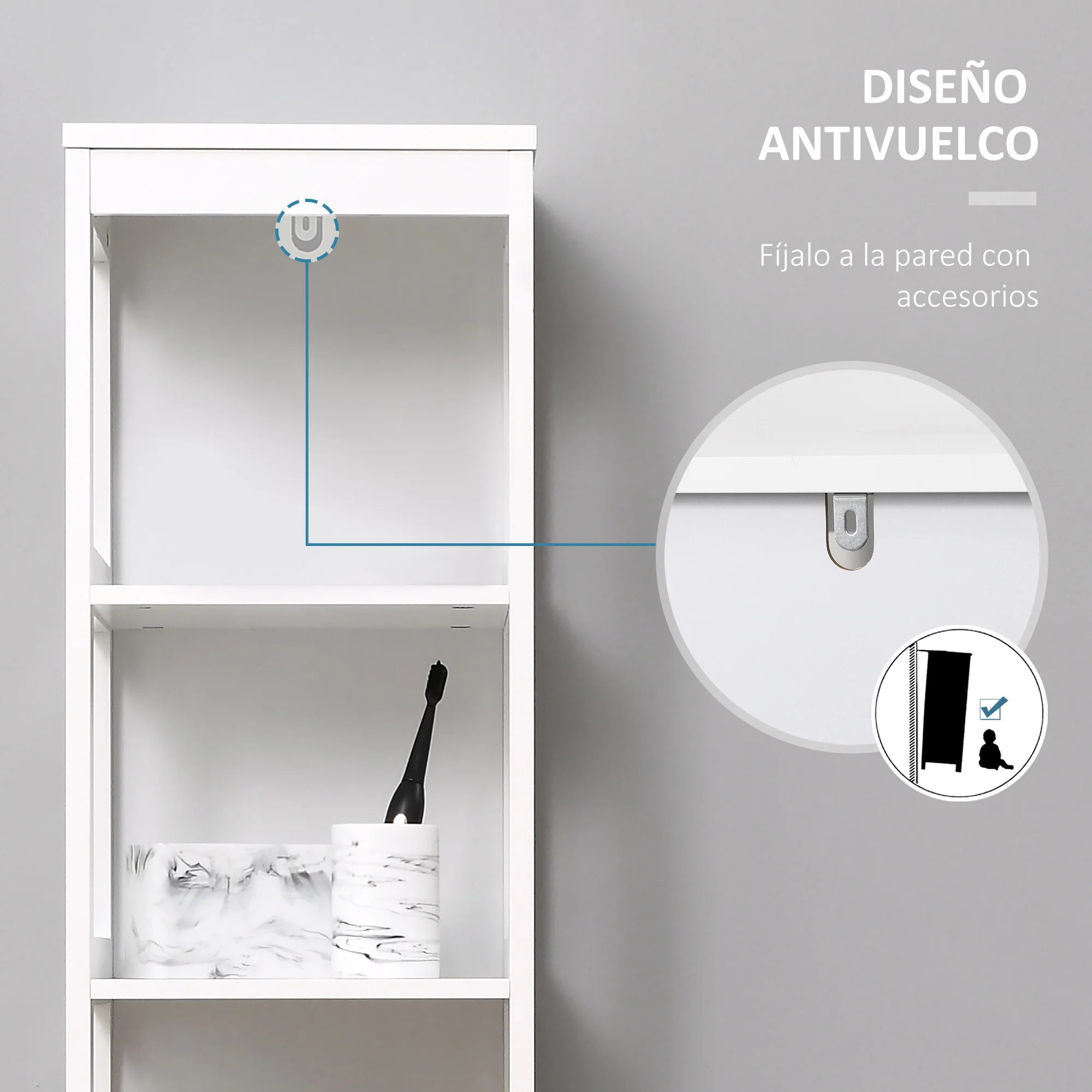 kleankin Estantería de Baño de Suelo de 5 Niveles Mueble Auxiliar de Almacenaje para Cocina Salón Dormitorio Estilo Moderno Antivuelco Carga 30 kg 30x30x140 cm Blanco - imagen 5