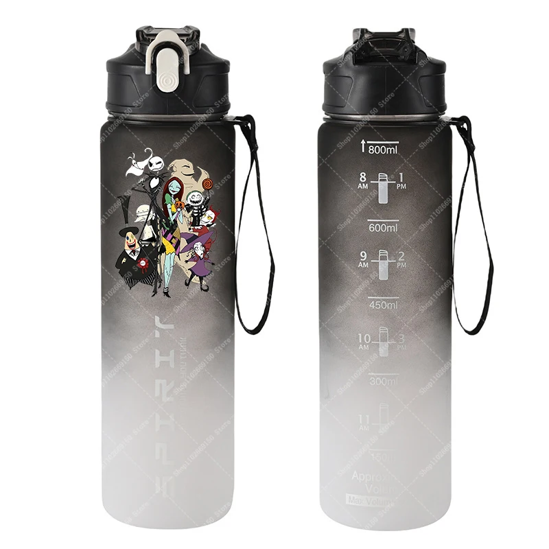 Botella de plástico deportiva de pesadilla antes de Navidad con pajita, bonita taza de agua de Anime, tazas de bebidas frías portátiles de dibujos animados para niños de 28oz