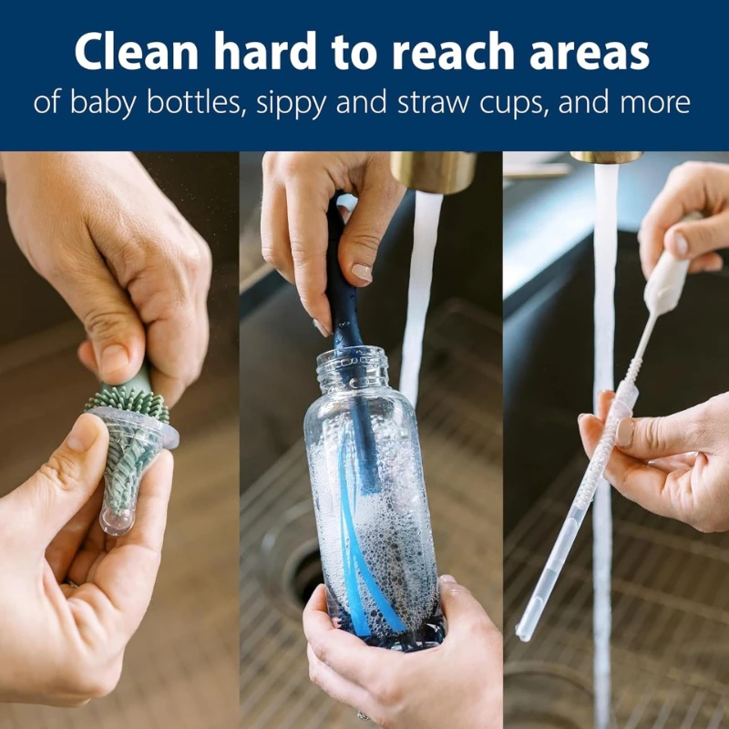 Juego de cepillos para biberones de 3 piezas: cepillos de nailon y esponja con pajita/catéter, limpieza higiénica para biberones y accesorios - imagen 4