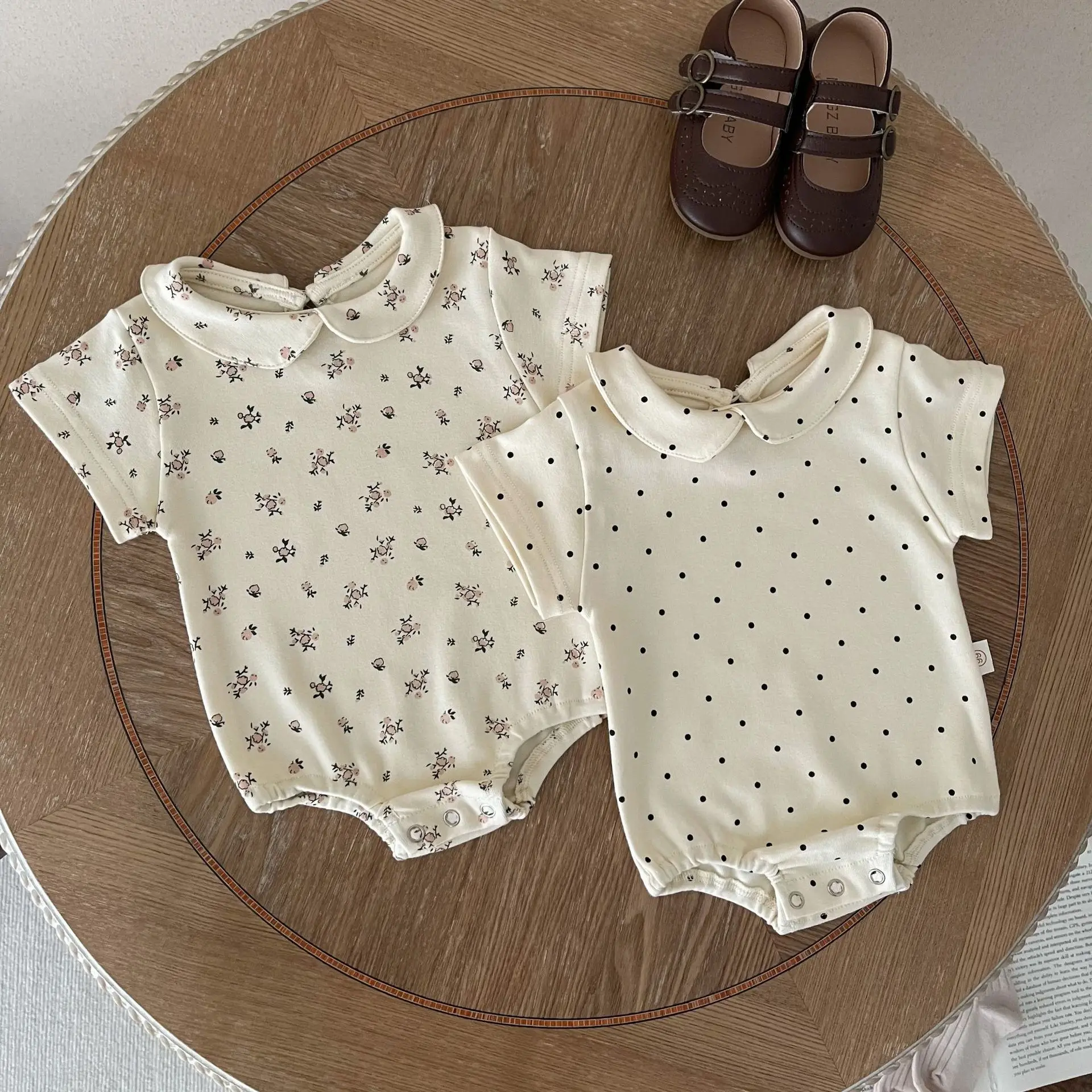 Pelele de primavera para niñas recién nacidas, ropa para bebés, mono de manga corta con estampado de flores y puntos, ropa para escalar, ropa de algodón para bebés