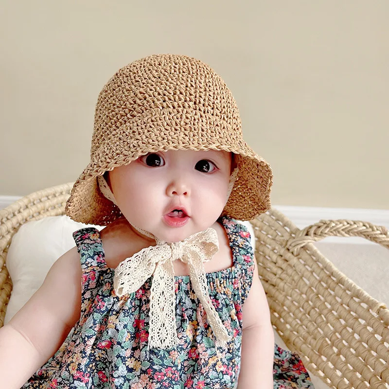 Sombrero de verano de paja para bebé con lazo de encaje - imagen 4